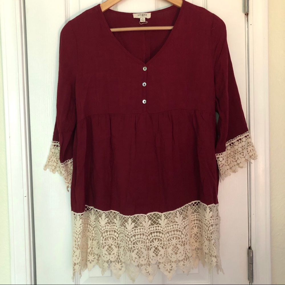 Romantic burgundy top with ivory lace trim